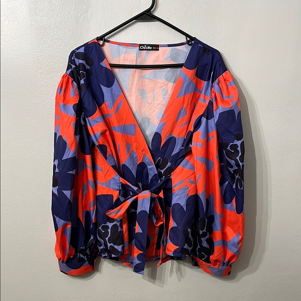 Chic Me Floral Wrap Top - Red and Blue